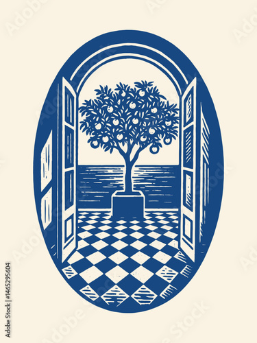 Open window with citrus tree engraving style vector

