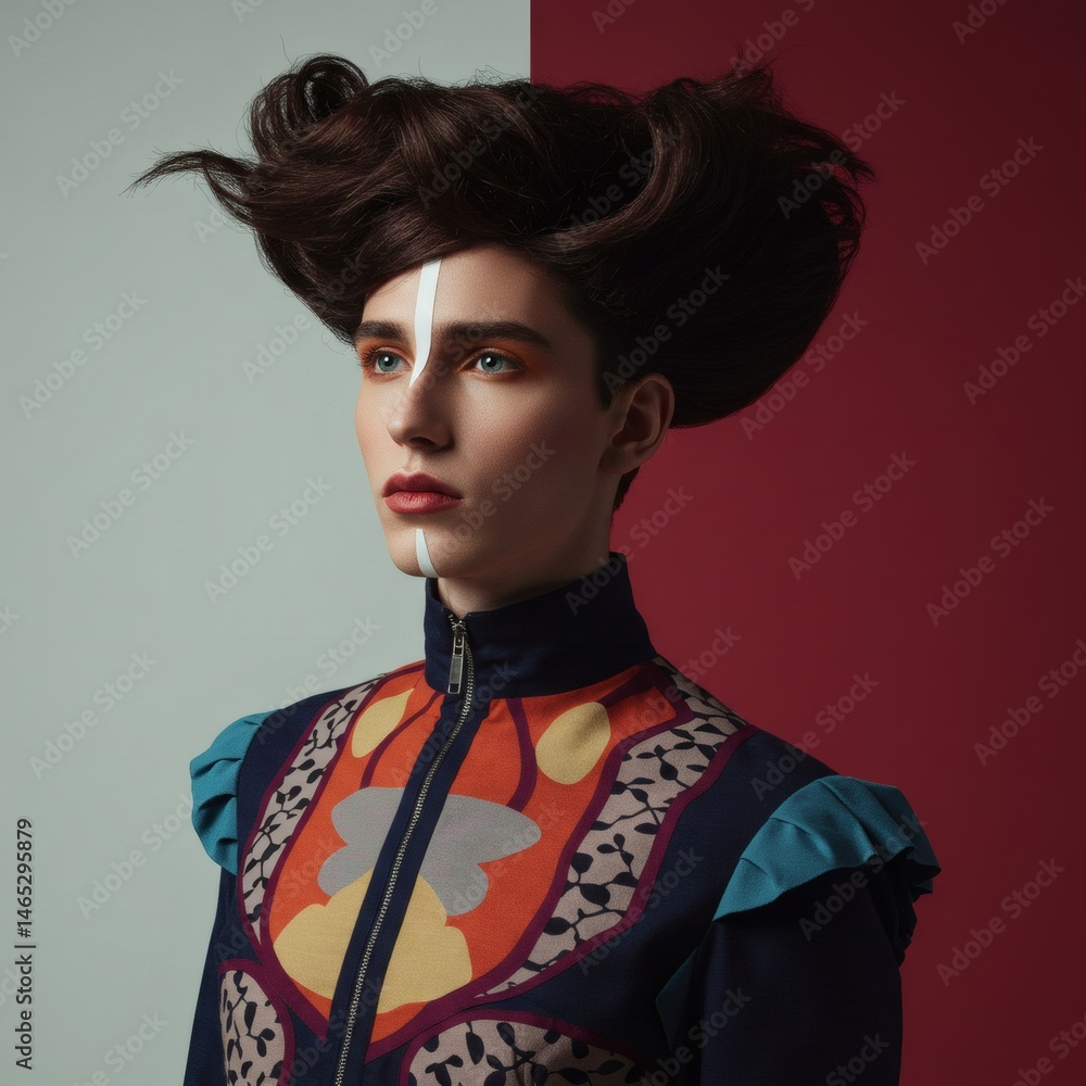 A dramatically styled portrait of a model in high fashion with striking makeup and vibrant backdrop. A dramatically styled portrait of a model in high fashion with striking makeup and vibrant backdrop.