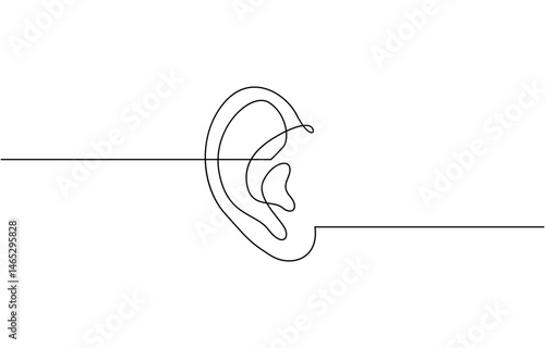Human ear: one line, continuous line. Linear contour of the ear, Human ear one continuous line . Single line editable vector drawing of the hearing part of the body.
