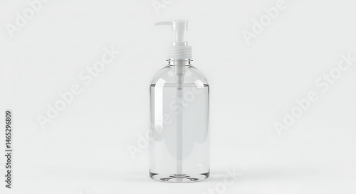 A clear, transparent plastic pump dispenser bottle, filled with a colorless liquid such as hand sanitizer, liquid soap, or lotion, is showcased in a clean studio shot
