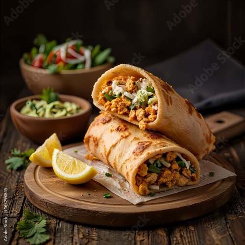 Kolkata kathi roll, flaky paratha rolled with spicy filling, onions, side of lemon wedge and salad