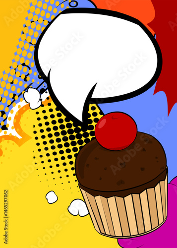 Cartoon Cupcake with blank speech bubble, comic book Muffin background. Retro vector comics pop art design.