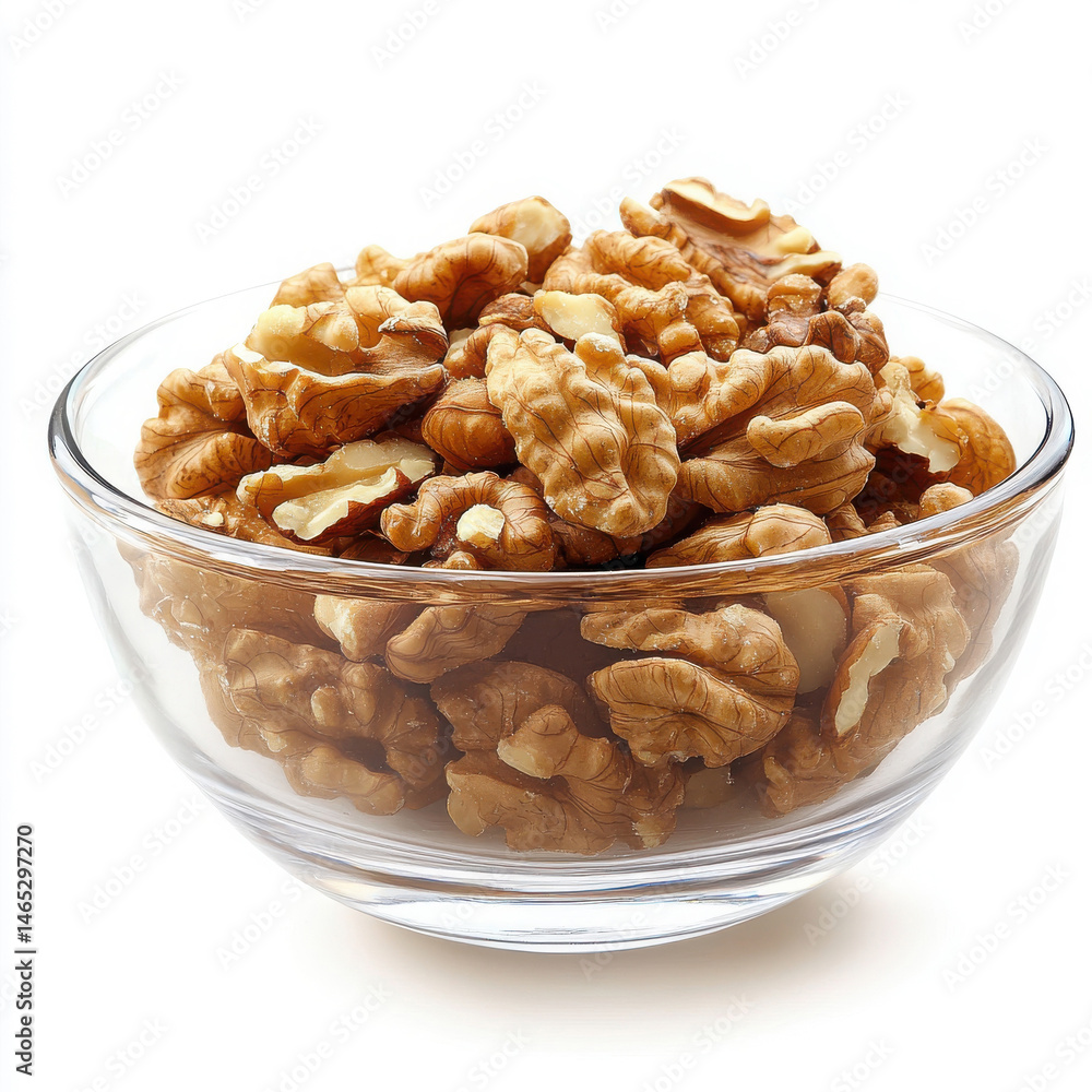 Clear glass bowl filled with shelled walnuts, perfect for healthy eating and snacks Clear glass bowl filled with shelled walnuts, perfect for healthy eating and snacks