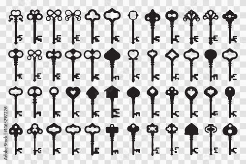 Set of black silhouette icons featuring knives, keys, anchors, and decorative elements in a seamless vintage pattern design