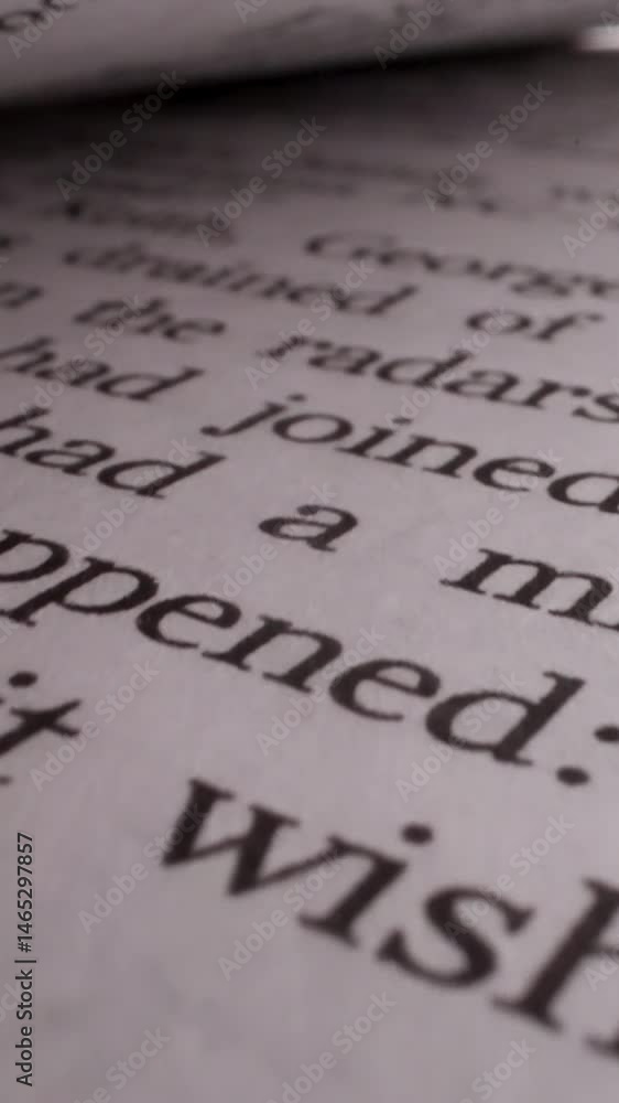Book Text Zoomed In Open book with story text on page in light studio macro view. Learning ...