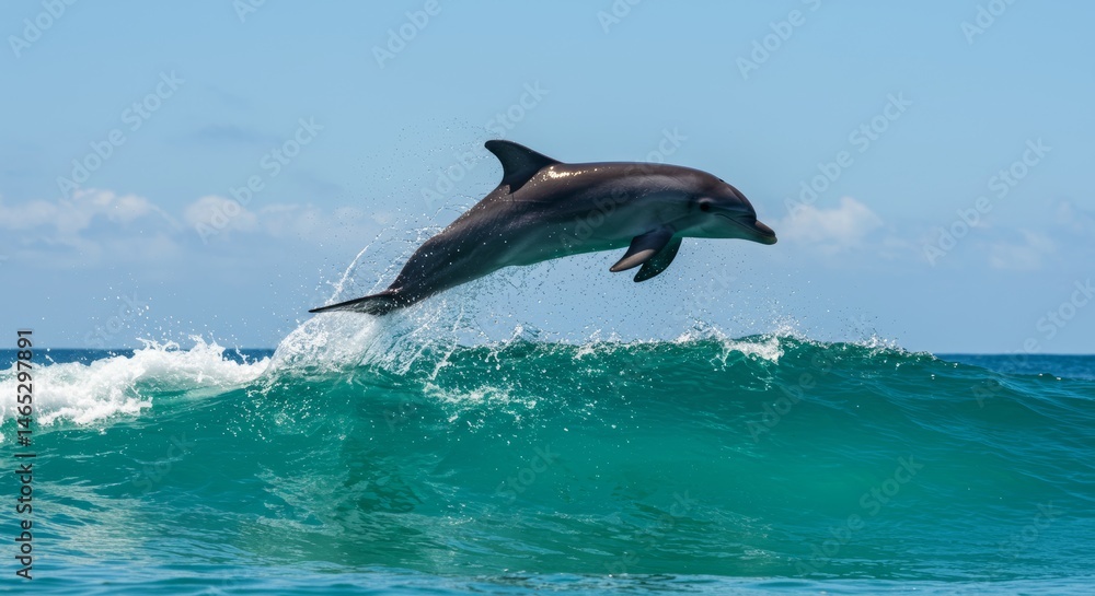 Fototapeta premium Captivating dolphin leaping joyfully out of a turquoise ocean wave