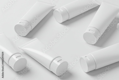 Matte white cosmetic tubes placed on a white background, some standing and others lying down. Subtle shadows and realistic lighting make it perfect for product packaging mockups.