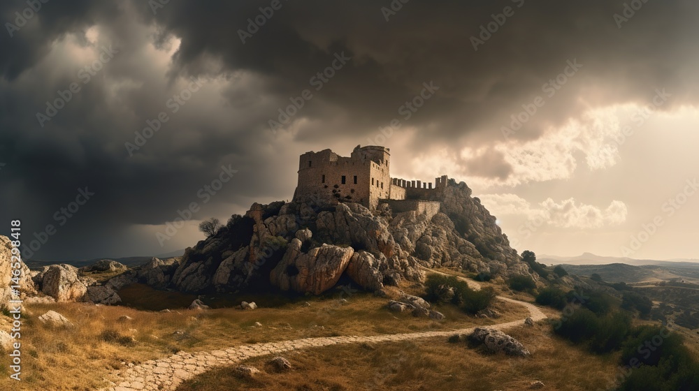Ancient fortress on a rocky hilltop under a dramatic sky Ancient fortress on a rocky hilltop under a dramatic sky