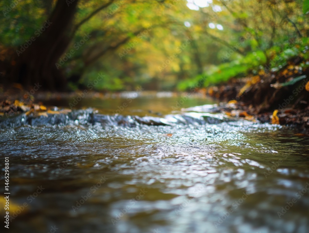 Fototapeta premium Shallow Stream Flowing Through Autumn Forest with Sunlight Reflections