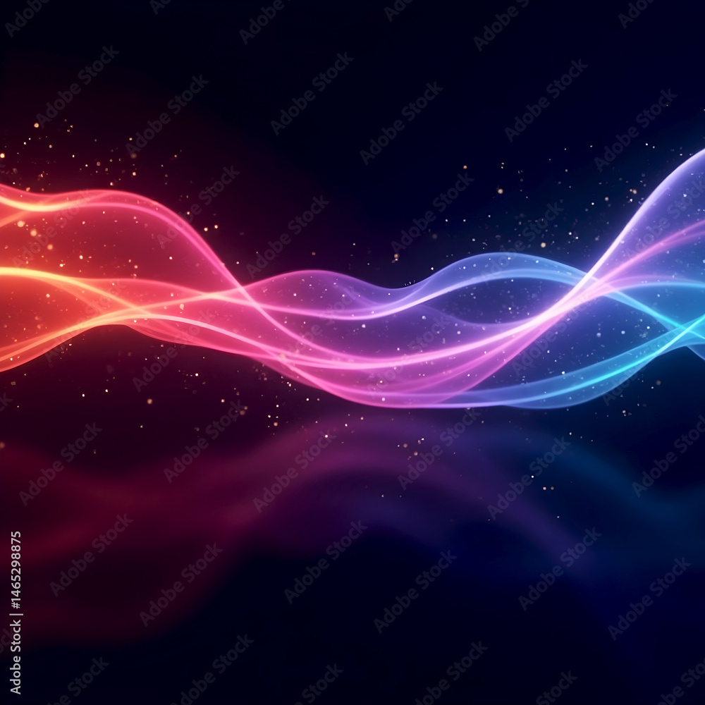 Obraz premium Vibrant abstract futuristic background with flowing colorful gradient waves and glowing particles on a dark backdrop. Ideal for digital design, technology, and creative visuals.