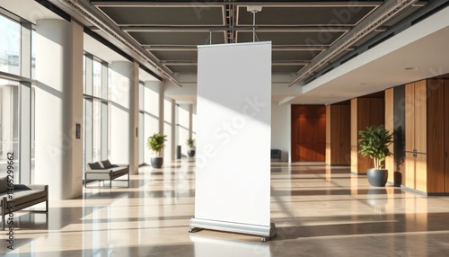 Bright Hallway with a Blank White Banner Display, Perfect for Showcasing Advertising Content in Modern Interiors