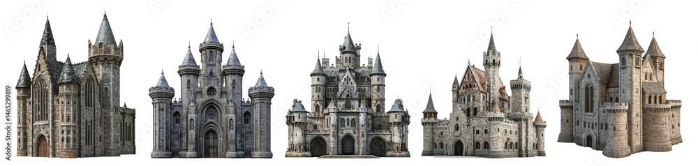 Fototapeta premium Majestic Fantasy Castles Collection in Various Architectural Styles Isolated Transparent Background