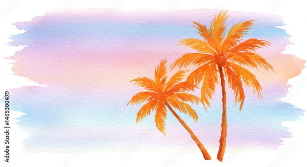 Obraz premium Vibrant Orange Palm Trees at Sunset - Two orange palm trees silhouetted against a pastel sunset, symbolizing warmth, tranquility, paradise, escape, and summer