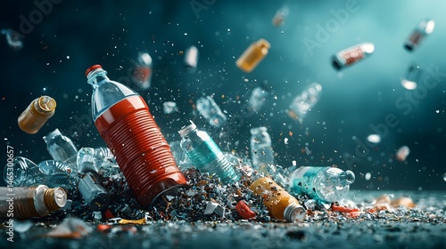 Crushed and discarded plastic bottles cans and other recycling waste scattered on a dark wet surface with holographic indicators