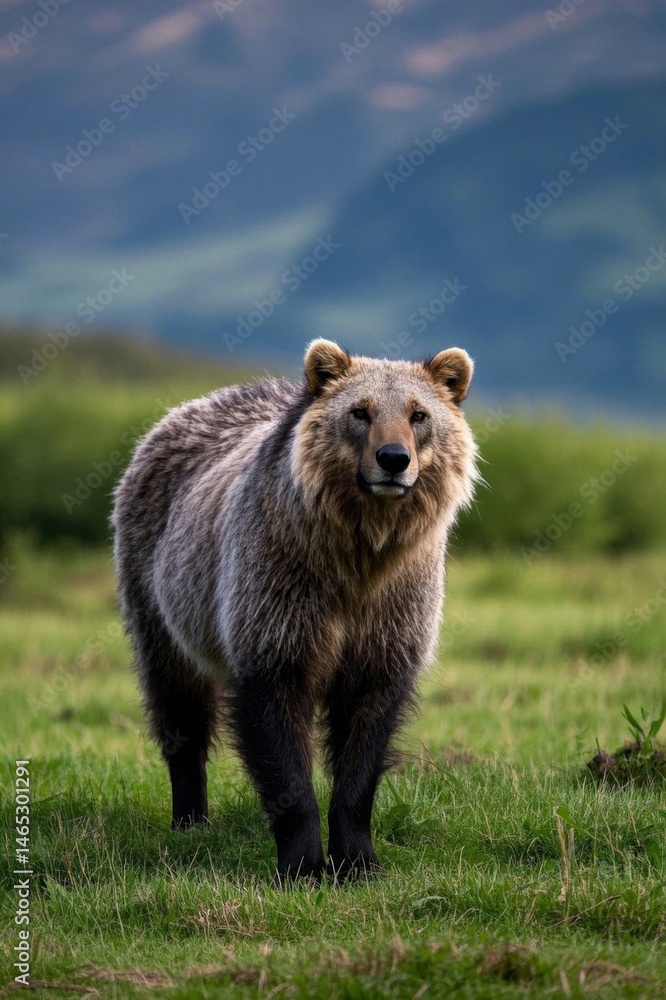 Fototapeta premium there is a brown bear standing in a grassy field