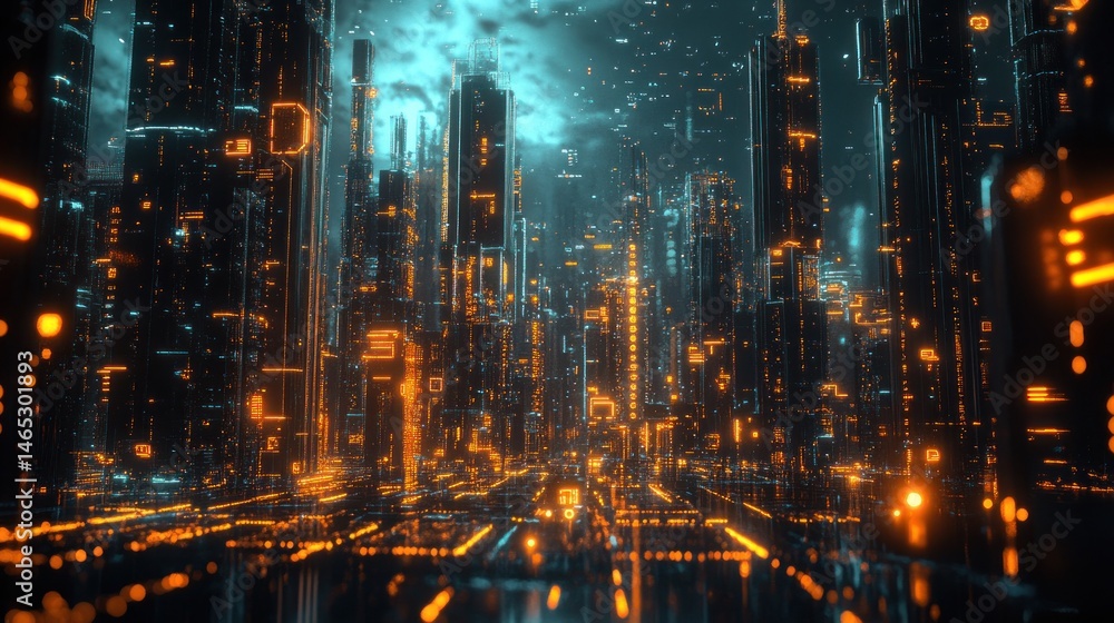Futuristic city glows with vibrant digital light Futuristic city glows with vibrant digital light