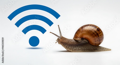 Snail slowly moving towards a wifi symbol on white background, a metaphor for slow internet connection or technological lag