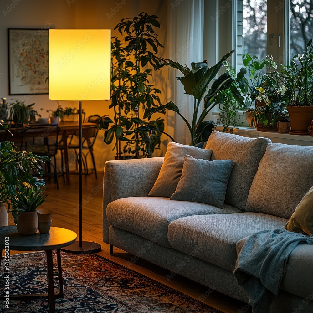 Living Room Interior with Sofa, Lamp and Plants Creating Cozy Atmosphere