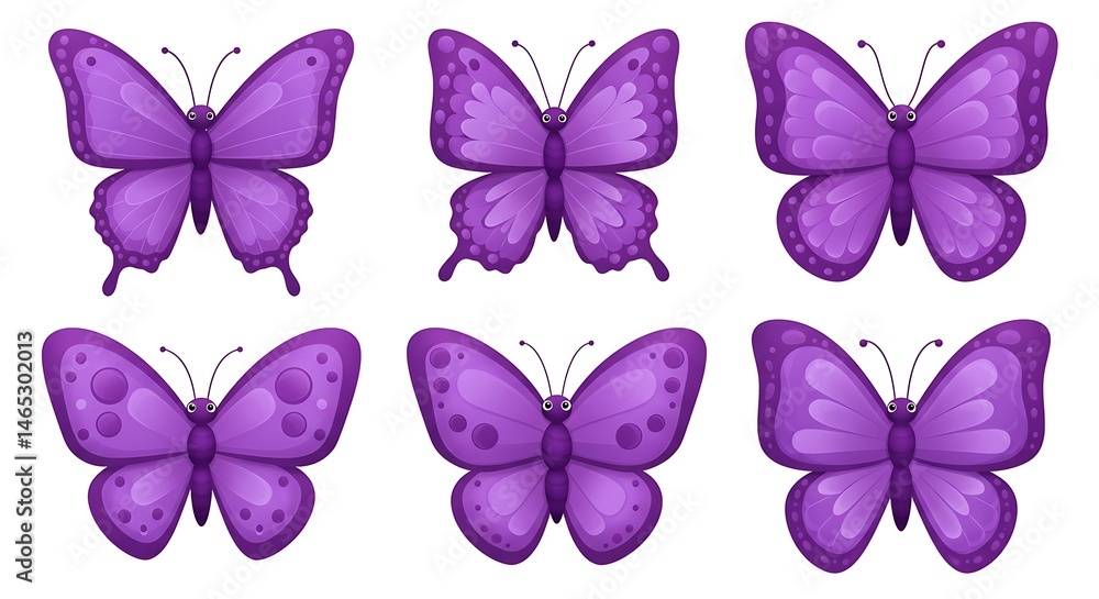 Six Purple Butterfly Illustrations, Vector Set Six Purple Butterfly Illustrations, Vector Set