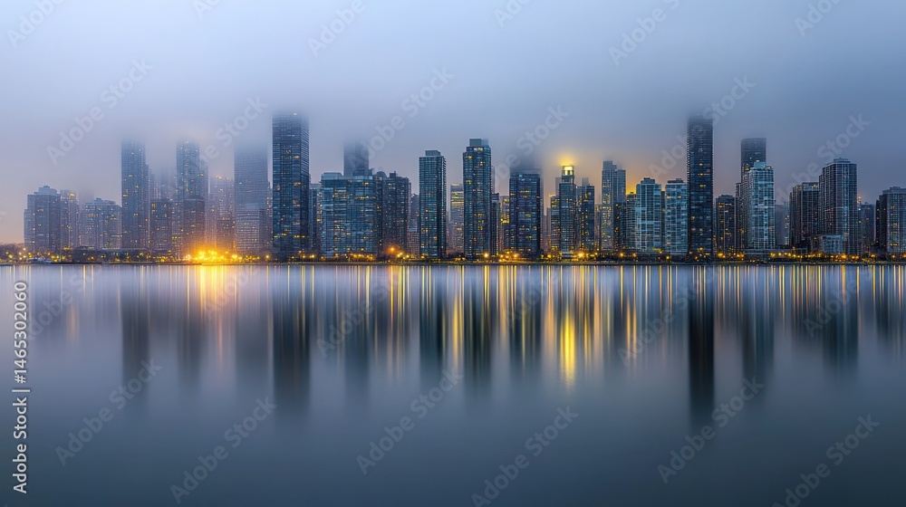 Obraz premium City skyline reflected in tranquil waters at dawn.