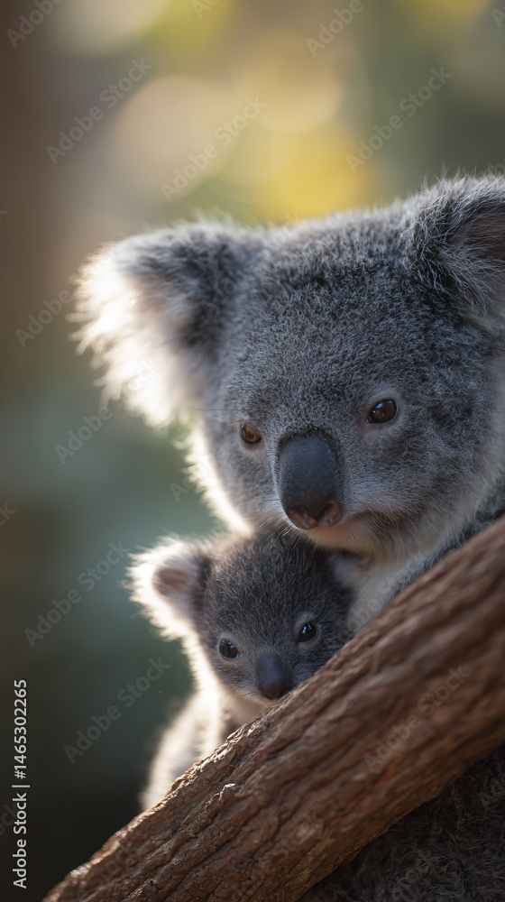 Naklejka premium Koala with a babe on a branch in a natural mount
