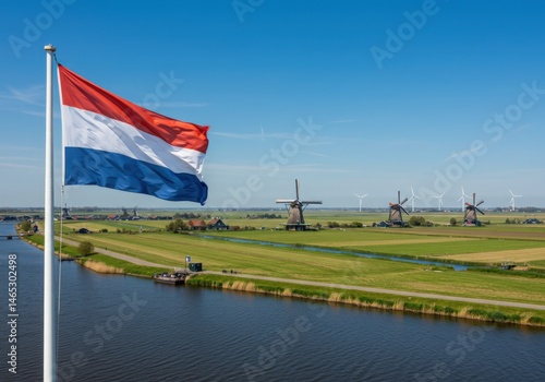 Waving Dutch Flag Representing Maritime Heritage Over Flat Polders with Windmills and Canals