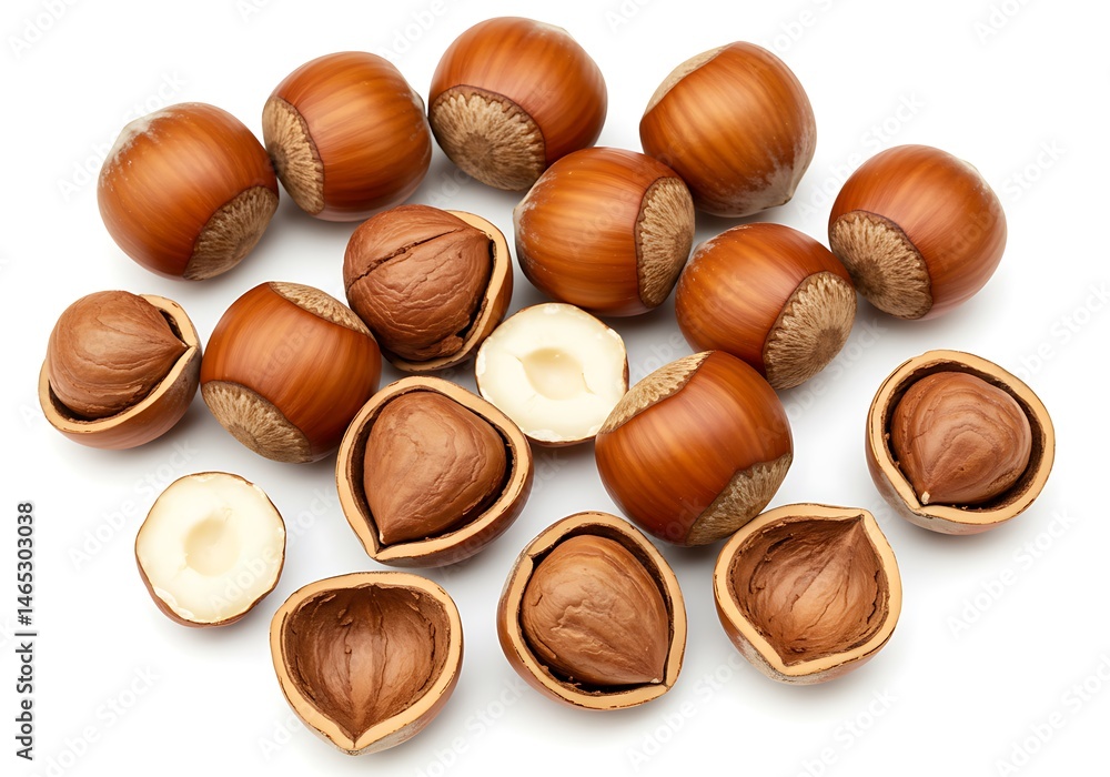 A collection of hazelnuts, some whole and some cracked open, scattered on a white surface evenly spaced A collection of hazelnuts, some whole and some cracked open, scattered on a white surface evenly spaced