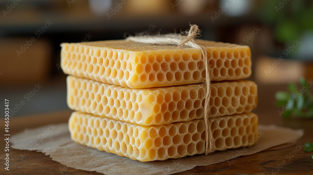 Fototapeta premium Wrapped beeswax soap bar with natural textures and earthy packaging. Symbolizes purity, sustainability, and handcrafted wellness in a clean, eco-friendly, and artisanal skincare presentation.