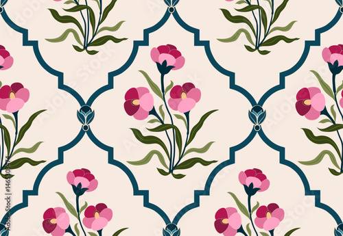Hand drawn colourful geometric flowers, seamless patterns with floral for fabric, textiles, clothing, wrapping paper, backdrop, banner, illustration, abstract backgrounds.

