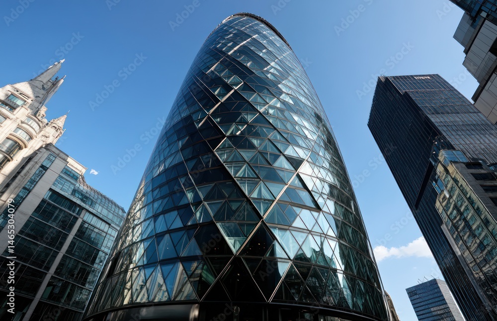 Naklejka premium Modern skyscraper, low angle shot, with a distinctive glass facade, surrounded by other city buildings under a clear blue sky. The glass panels create a geometric pattern