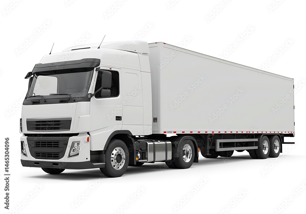 A white semi truck with a trailer is isolated on a white background in a studio shot at eye level A white semi truck with a trailer is isolated on a white background in a studio shot at eye level