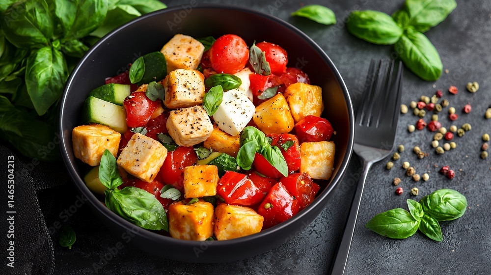 Fresh Salad Bowl with Tomatoes Cheese Herbs and Greens on Dark Background Fresh Salad Bowl with Tomatoes Cheese Herbs and Greens on Dark Background