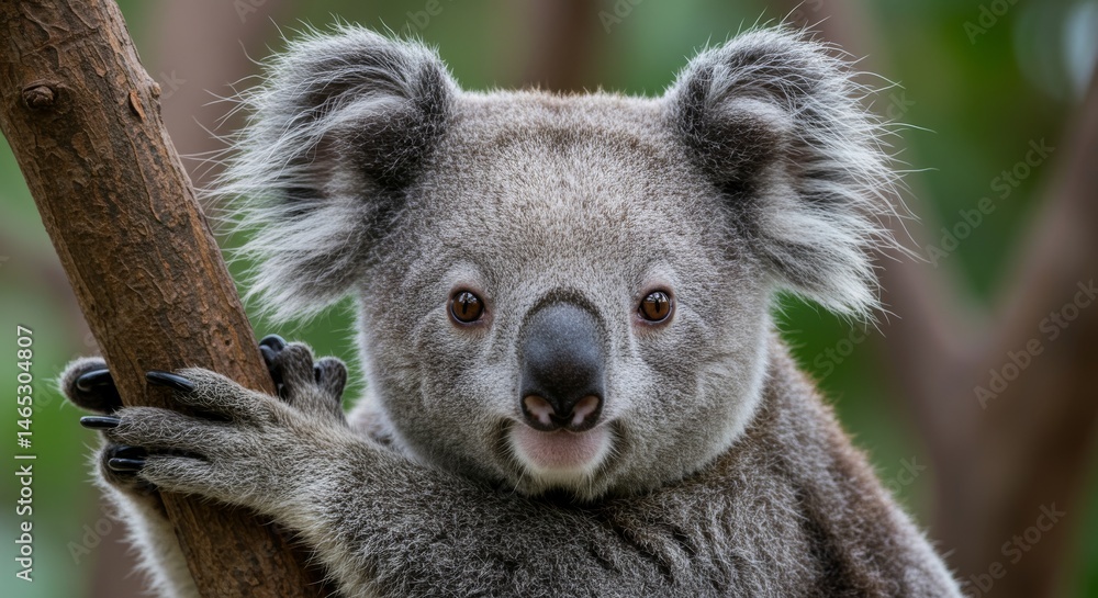 Obraz premium Adorable Koala Bear on Tree Branch - Close-up of a cute koala clinging to a tree branch, showing its fluffy fur and expressive eyes