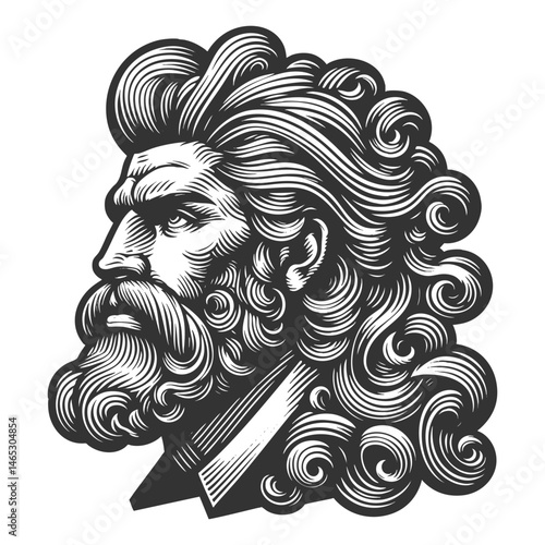 gentleman with an incredibly large, curly hairstyle, blending humor, surrealism, and vintage artistic style sketch engraving generative ai vector illustration. Scratch board. Black and white image.