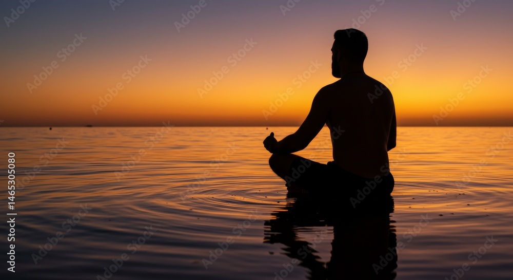 Fototapeta premium Silhouette of a man meditating in the sea during sunset, serene mindfulness practice, peaceful reflection in the water