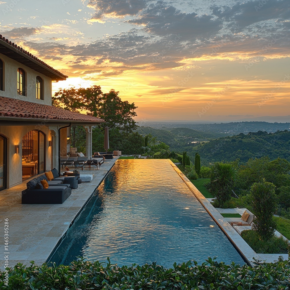 Luxury Villa Infinity Pool Overlooking Sunset Landscape with Water Reflection