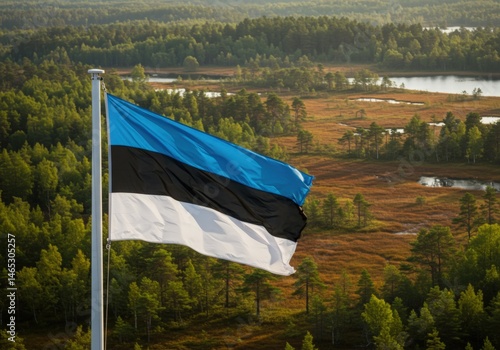 Waving Estonian Flag Symbolizing Northern Skies Over Forests Bogs and Lakes of Lahemaa National Park