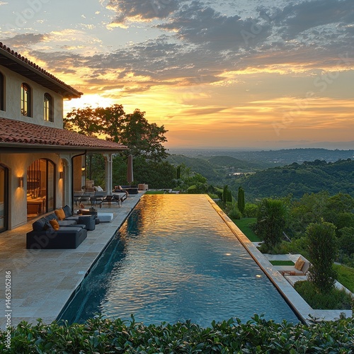 Obraz na płótnie Luxury Villa Infinity Pool Overlooking Sunset Landscape with Water Reflection w salonie