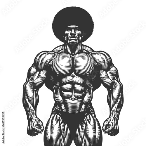 highly muscular man with an afro hairstyle flexing his bicep, symbolizing strength, fitness, and bodybuilding sketch engraving generative ai vector illustration. Scratch board. Black and white image.