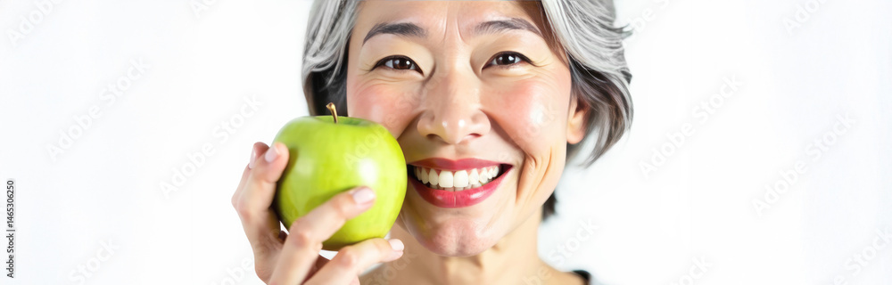Close-up portrait of a gray-haired adult asian woman holding a green apple and smiling, white beautiful smile on white background. Dentistry, professional examination, beauty industry Close-up portrait of a gray-haired adult asian woman holding a green apple and smiling, white beautiful smile on white background. Dentistry, professional examination, beauty industry