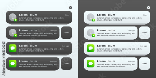 Set of pop-up push notification templates for dark and light themes, vector illustration.