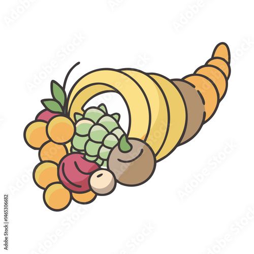 Illustration of a cornucopia filled with grapes, artichoke, and other harvest vegetables and fruits