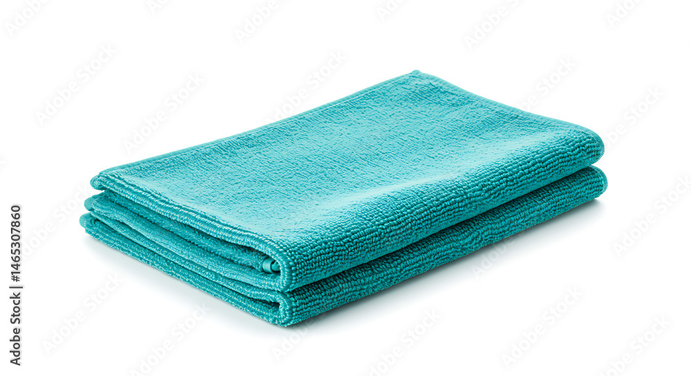 A vibrant turquoise microfiber cleaning cloth, neatly folded to showcase its soft texture and precise layers, is presented in a clean studio photograph, isolated against a pristine white background A vibrant turquoise microfiber cleaning cloth, neatly folded to showcase its soft texture and precise layers, is presented in a clean studio photograph, isolated against a pristine white background