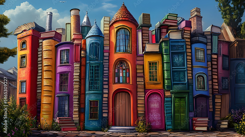 Fototapeta premium Whimsical colorful cityscape of buildings resembling books in a fantasy setting