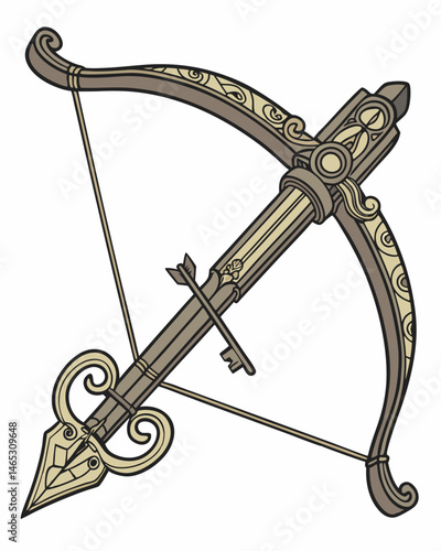 Ornate Medieval Crossbow with Intricate Details and Coiled String.