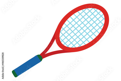 Flat vector illustration of a red tennis racket with a blue handle