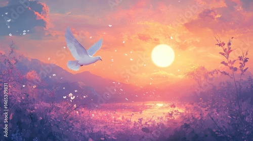White Dove Soaring Above Sunset Landscape