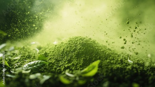 Green tea leaves and matcha powder swirling in soft light with vibrant green color creating fresh and natural feeling in image