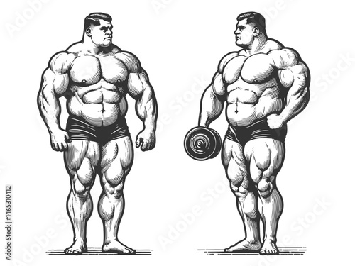 muscular bodybuilders in trunks, one holding a dumbbell sketch engraving generative ai fictional character vector illustration. Scratch board imitation. Black and white image.