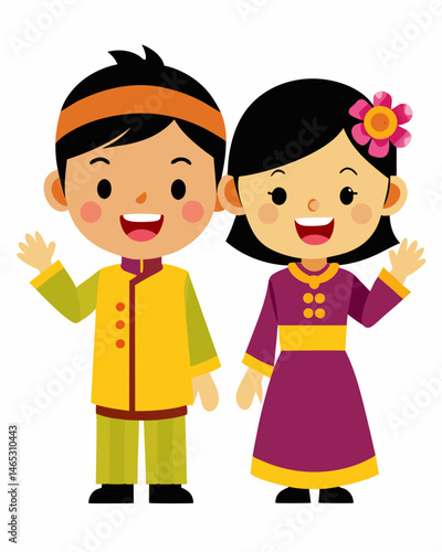Happy Malaysian Children in Traditional Clothing Waving.